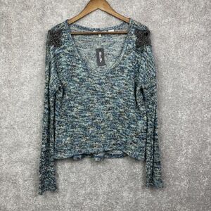 Miss Me Beaded Sweater Womens Size L Long Sleeve Blue Green‎ 24523 New With Tags